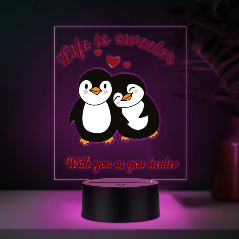 Cute Romantic Couple Penguins Design Acrylic UV Printed LED Night Lamp with Automatic Color Changing Light Gift for Couples